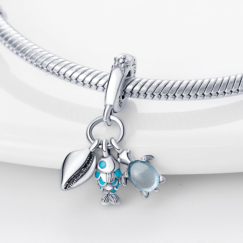 Charm pendentif triple coquillage, tortue de mer et poisson en argent - Korell charms