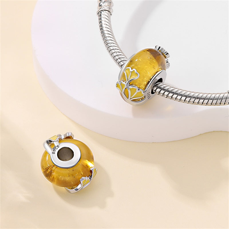 Charm séparateur Murano jaune feuilles de ginkgo biloba en argent - Korell charms