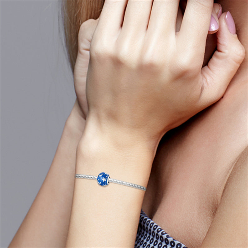 Charm perle bleue lunes et étoiles en argent - lumineux - Korell charms