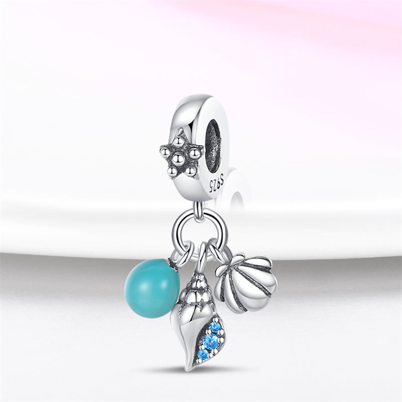 Charm pendentif triple escargot, coquillage et perle bleue en argent - lumineux - Korell charms