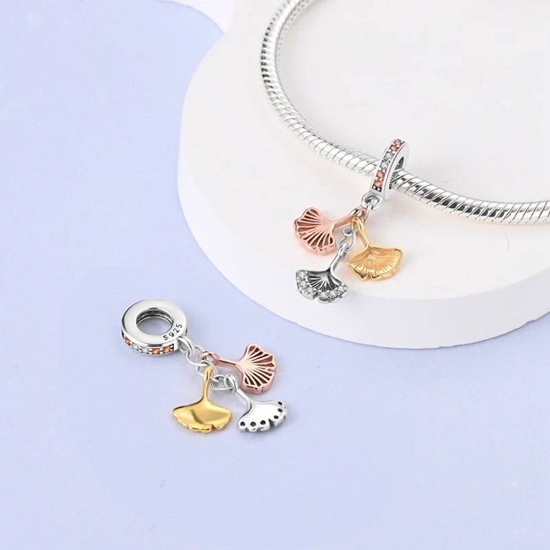 Charm pendentif triple feuilles de ginkgo biloba en argent - Korell charms