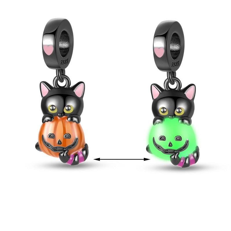 Charm pendentif Halloween chat noir et citrouille en argent - lumineux - Korell charms