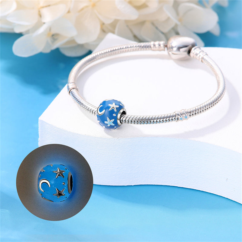 Charm perle bleue lunes et étoiles en argent - lumineux - Korell charms