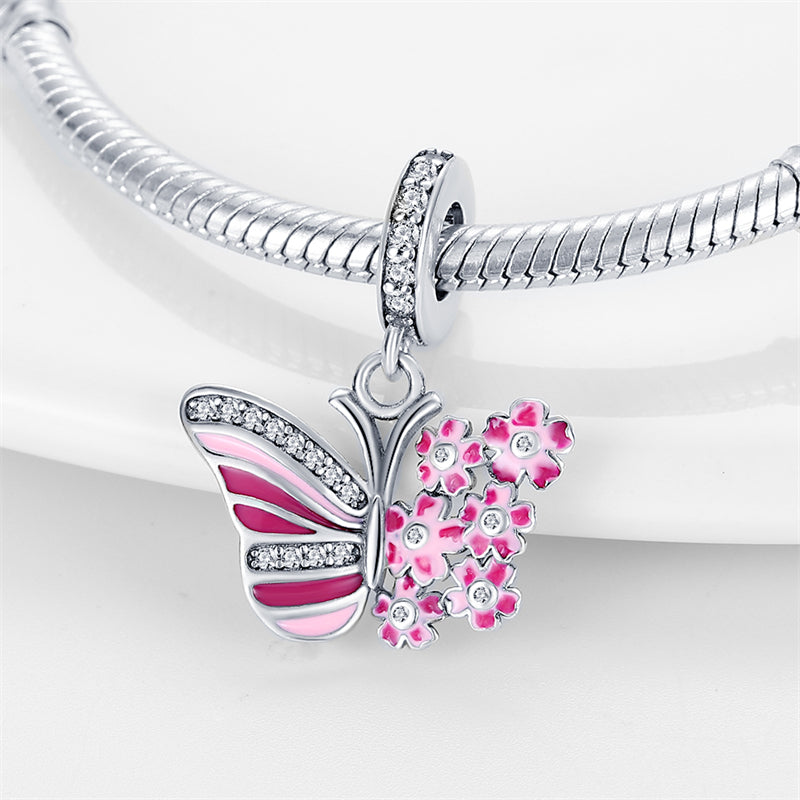 Charm pendentif papillon rose et fleurs en argent - Korell charms