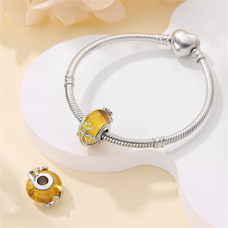 Charm séparateur Murano jaune feuilles de ginkgo biloba en argent - Korell charms