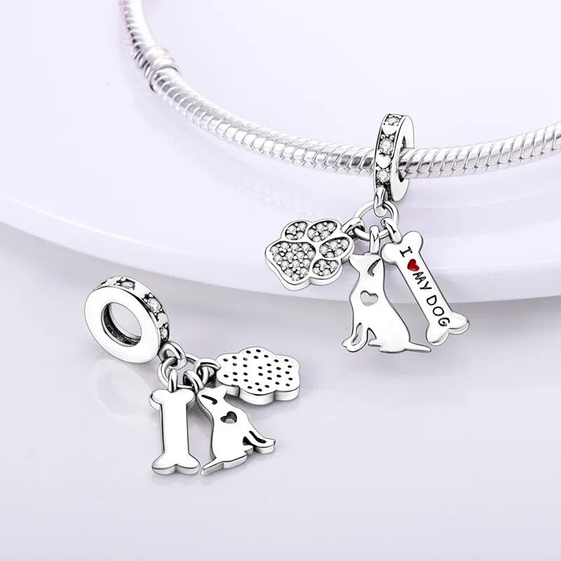 Charm pendentif triple chien, os, empreinte en argent - Korell charms