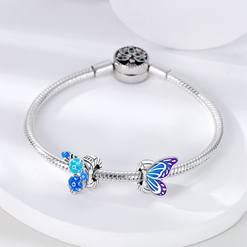 Charm séparable papillon bleu et fleurs en argent - Korell charms