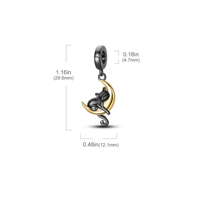 Charm pendentif chat noir et quartier de lune en argent - Korell charms