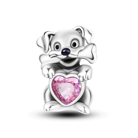 Charm chien et os cœur rose en argent Default Title - Korell charms