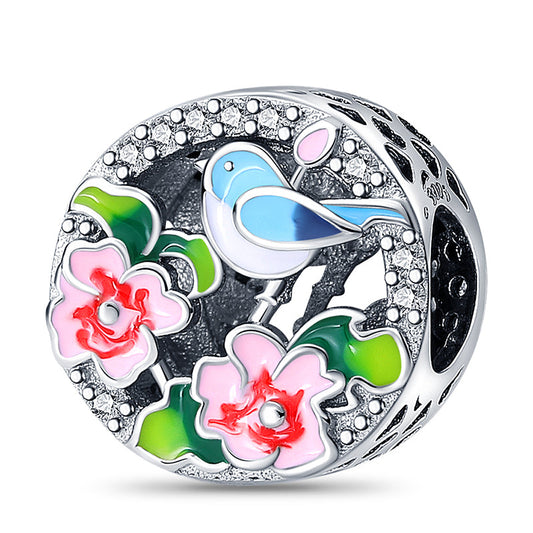 Charm rond oiseau bleu et fleurs roses en argent - Korell charms