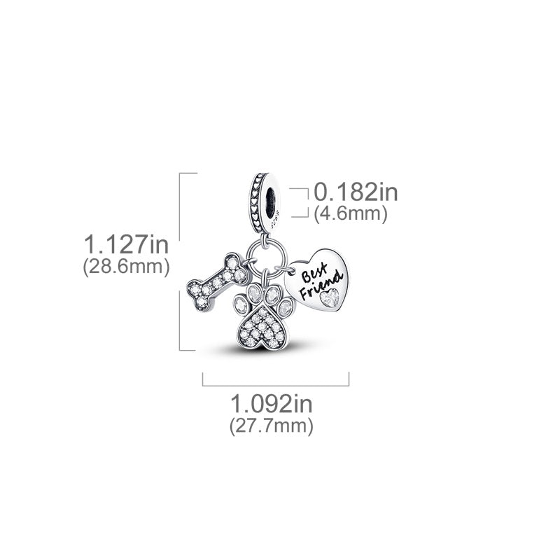 Charm pendentif triple patte de chien et os cristaux en argent - Korell charms