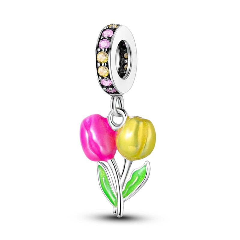 Charm pendentif tulipes jaunes et roses en argent - Korell charms