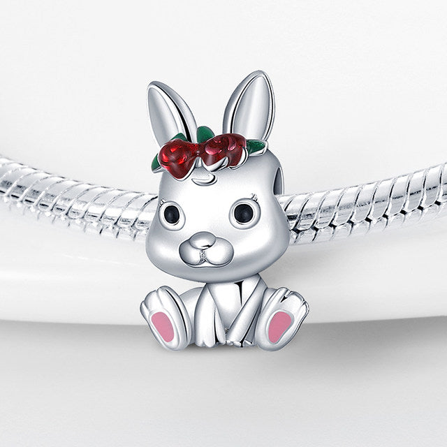 Charm lapin fleurs rouges en argent - Korell charms