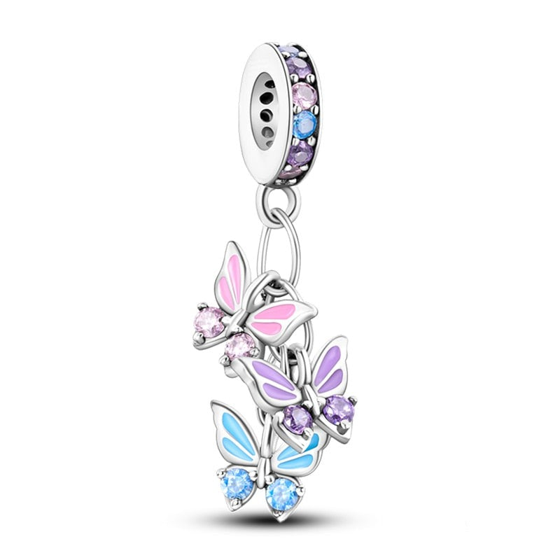 Charm pendentif triple papillons bleu, violet et rose en argent Default Title - Korell charms