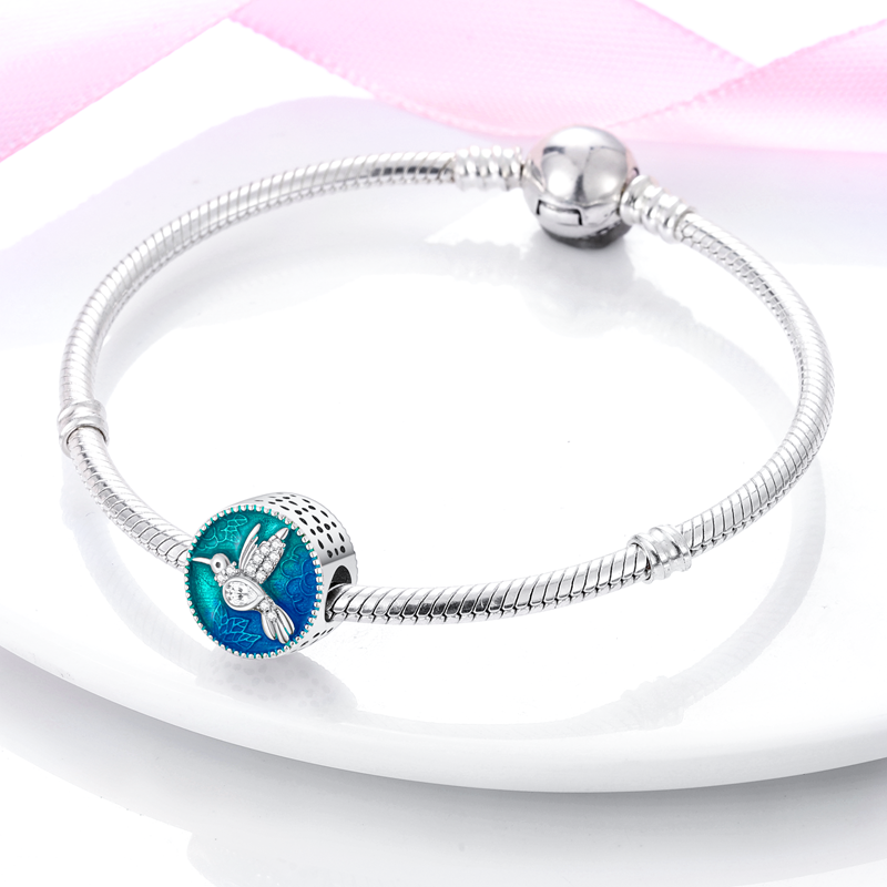 Charm rond oiseau colibri en argent - Korell charms