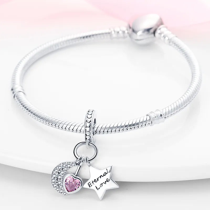 Charm pendentif triple lune, étoile et cœur rose en argent - Korell charms