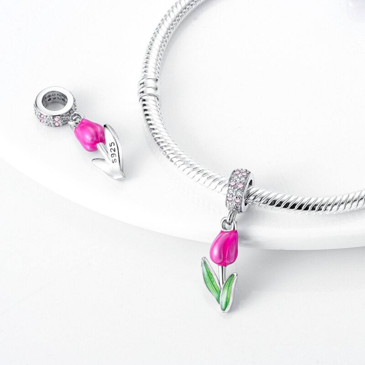 Charm pendentif fleur de tulipe rose en argent - Korell charms