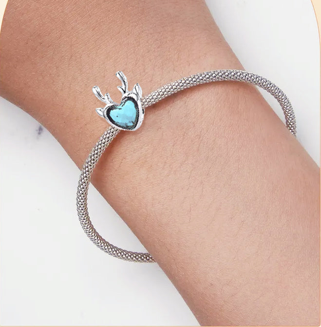 Charm tête de renne cœur bleu en argent - Korell charms