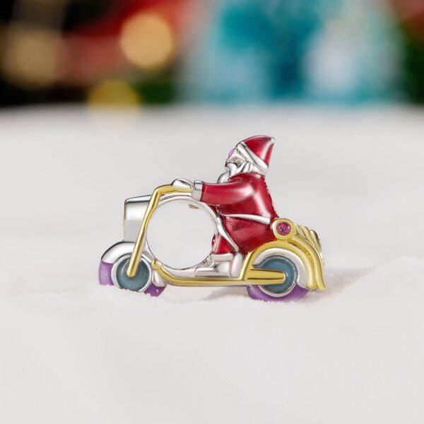 Charm Prestige Père Noël sur une moto en argent plaqué platine - lumineux - Korell charms