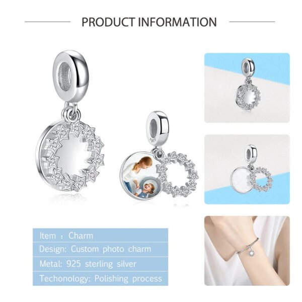 Charm pendentif cercle d'étoiles Ma photo en argent, personnalisable - Korell charms