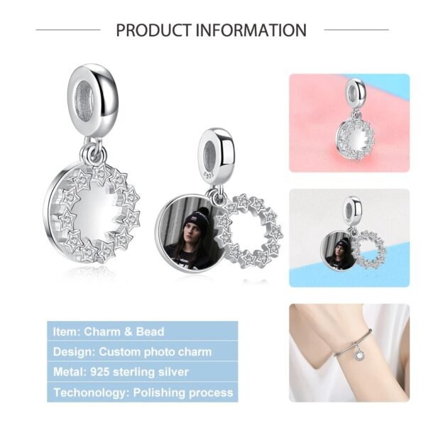 Charm pendentif cercle d'étoiles Ma photo en argent, personnalisable - Korell charms