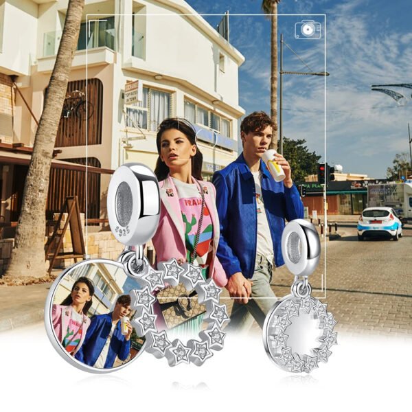 Charm pendentif cercle d'étoiles Ma photo en argent, personnalisable - Korell charms