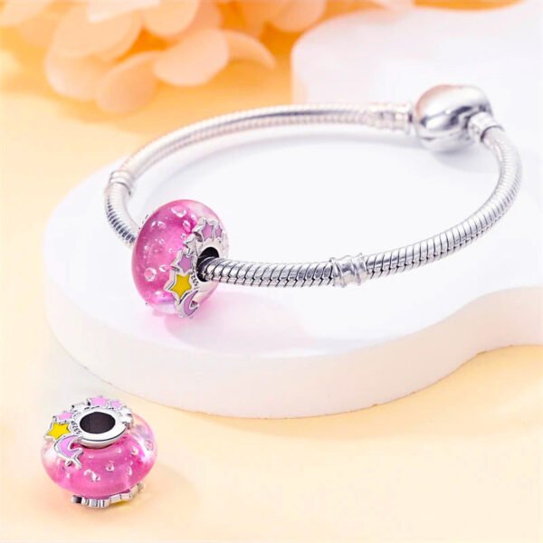 Charm séparateur Murano rose licorne et étoiles en argent - Korell charms