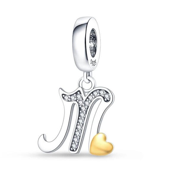 Charm pendentif alphabet lettre italique et cœur doré en argent Lettre M - Korell charms