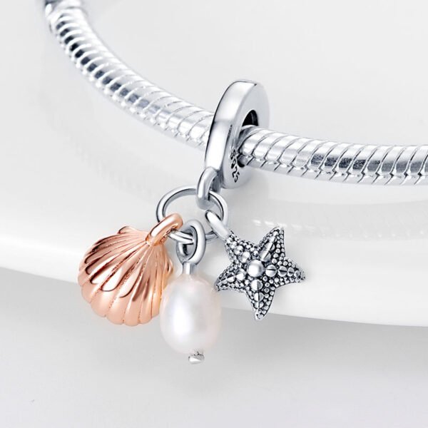 Charm pendentif triple perle étoile de mer et coquillage doré en argent - Korell charms
