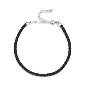 Bracelet Prestige en cuir tressé réglable en argent plaqué platine Noir - Korell charms