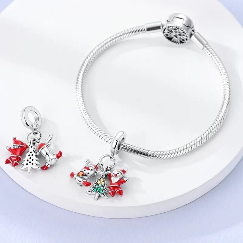 Charm pendentif triple Père Noël, Rudolf le renne et sapin en argent - Korell charms