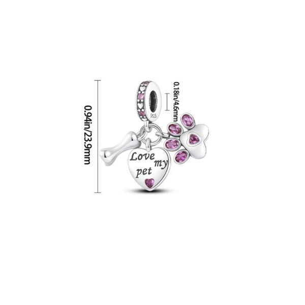 Charm pendentif triple cœur, os et empreinte de chien en argent - Korell charms