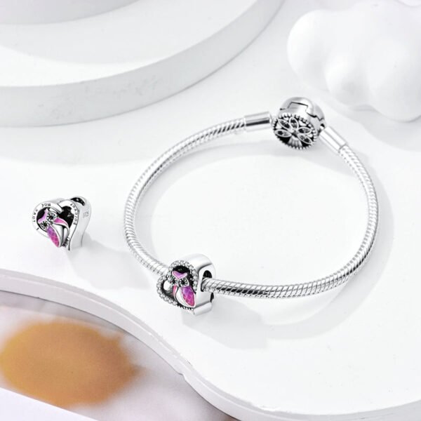 Charm cœur hibou rose en argent - Korell charms