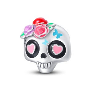 Charm Halloween crâne et fleurs en argent - Korell charms