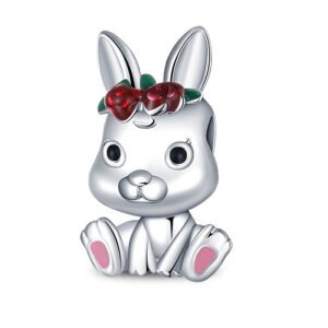 Charm lapin fleurs rouges en argent Default Title - Korell charms