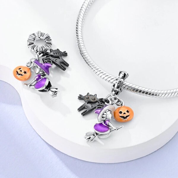 Charm pendentif triple Halloween chat noir, sorcière et citrouille en argent - lumineux - Korell charms