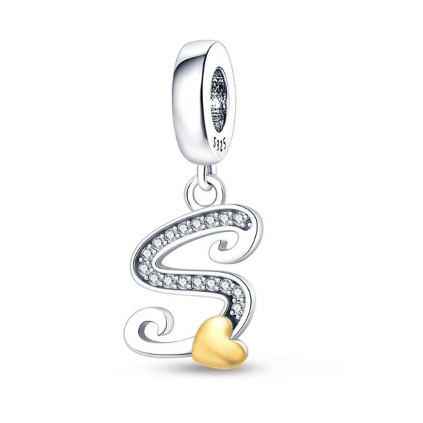 Charm pendentif alphabet lettre italique et cœur doré en argent Lettre S - Korell charms