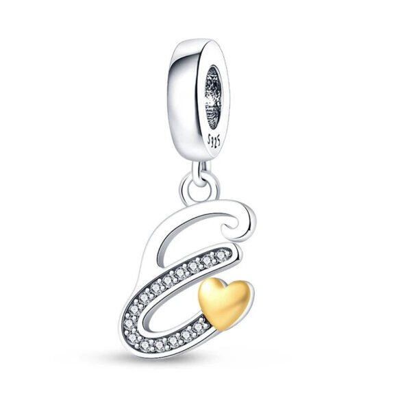 Charm pendentif alphabet lettre italique et cœur doré en argent Lettre E - Korell charms