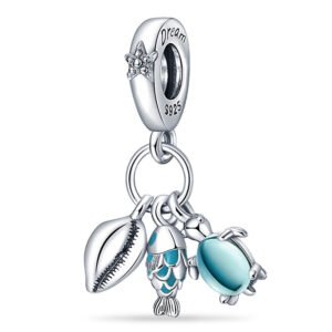 Charm pendentif triple coquillage, tortue de mer et poisson en argent - Korell charms