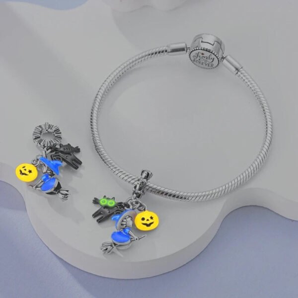 Charm pendentif triple Halloween chat noir, sorcière et citrouille en argent - lumineux - Korell charms