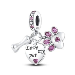 Charm pendentif triple cœur, os et empreinte de chien en argent - Korell charms