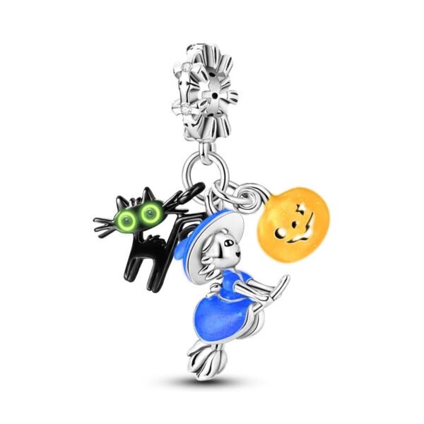 Charm pendentif triple Halloween chat noir, sorcière et citrouille en argent - lumineux - Korell charms
