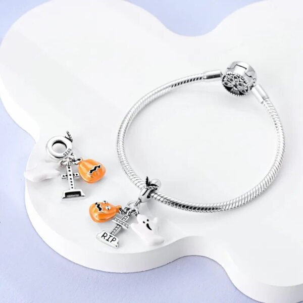 Charm pendentif triple Halloween citrouille, tombe et fantôme en argent - Korell charms