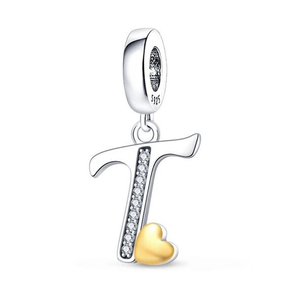 Charm pendentif alphabet lettre italique et cœur doré en argent Lettre T - Korell charms