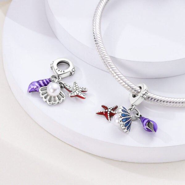 Charm pendentif triple étoile de mer, escargot et coquillage avec perle en argent - Korell charms