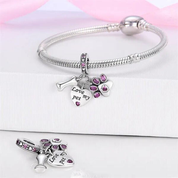 Charm pendentif triple cœur, os et empreinte de chien en argent - Korell charms
