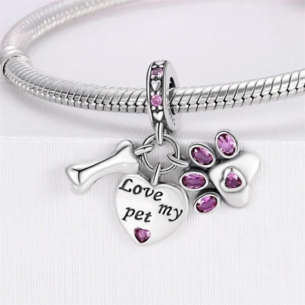 Charm pendentif triple cœur, os et empreinte de chien en argent - Korell charms