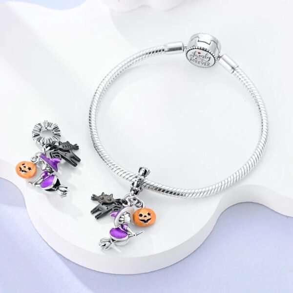 Charm pendentif triple Halloween chat noir, sorcière et citrouille en argent - lumineux - Korell charms