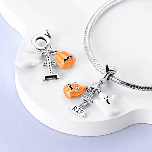 Charm pendentif triple Halloween citrouille, tombe et fantôme en argent - Korell charms