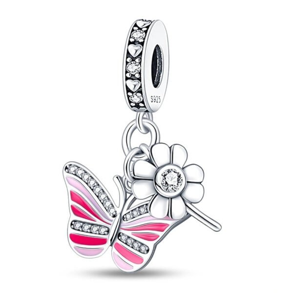 Charm pendentif papillon rose et petite fleur en argent Default Title - Korell charms